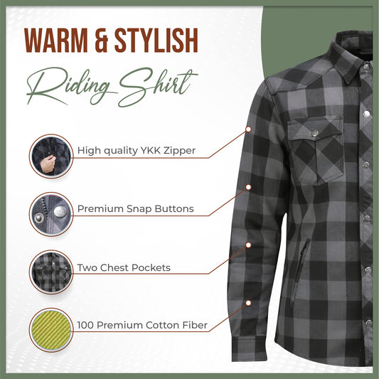 MetaArmor IronRoute Graphite Black Motorcycle flannel for men fully lined with Aramid fabric–CE certified Armor–Class AA Motorcycle Riding Shirt for men