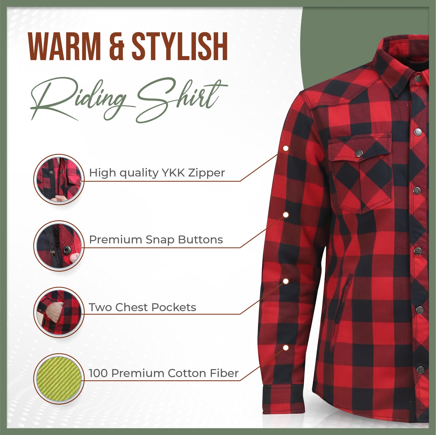 MetaArmor IronRoute Ember Red Motorcycle flannel for men fully lined with Aramid fabric–CE certified Armor–Class AA Motorcycle Riding Shirt for men