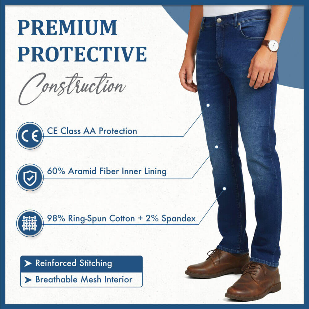 MetaArmor Motorcycle Jeans for men CE Class A Lined with Aramid Fiber – Dual Sport Motorcycle Pants with CE Hip and Knee Protectors – Armored Motorcycle Riding Pants