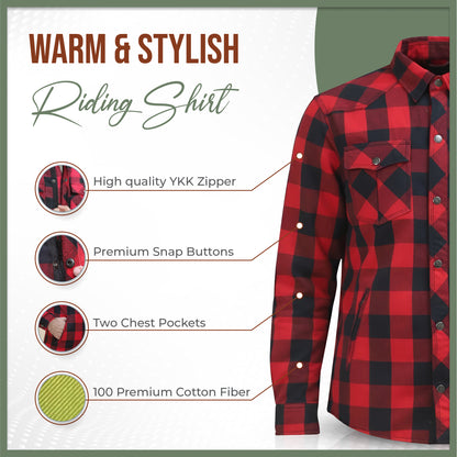 MetaArmor IronRoute Ember Red Motorcycle flannel for men fully lined with Aramid fabric–CE certified Armor–Class AA Motorcycle Riding Shirt for men