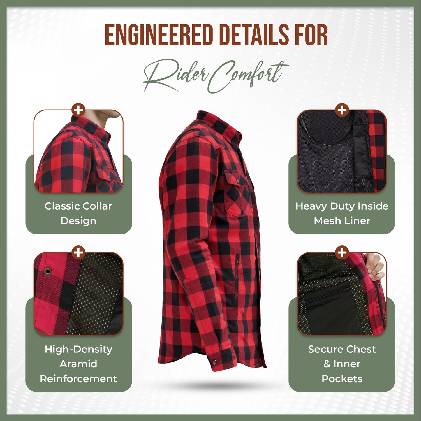 MetaArmor IronRoute Ember Red Motorcycle flannel for men fully lined with Aramid fabric–CE certified Armor–Class AA Motorcycle Riding Shirt for men