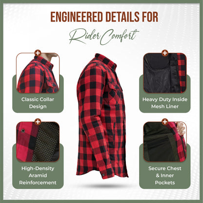 MetaArmor IronRoute Ember Red Motorcycle flannel for men fully lined with Aramid fabric–CE certified Armor–Class AA Motorcycle Riding Shirt for men