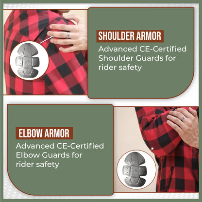 MetaArmor IronRoute Ember Red Motorcycle flannel for men fully lined with Aramid fabric–CE certified Armor–Class AA Motorcycle Riding Shirt for men