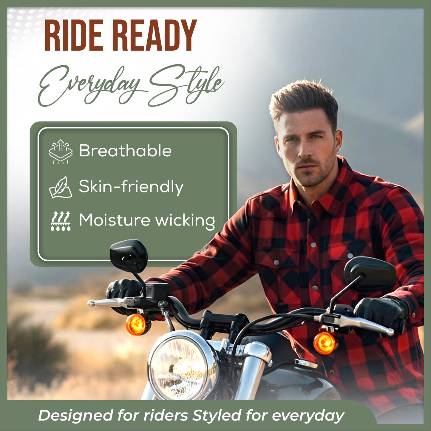 MetaArmor IronRoute Ember Red Motorcycle flannel for men fully lined with Aramid fabric–CE certified Armor–Class AA Motorcycle Riding Shirt for men