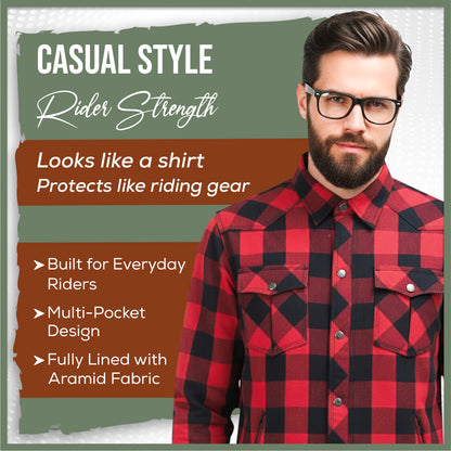 MetaArmor IronRoute Ember Red Motorcycle flannel for men fully lined with Aramid fabric–CE certified Armor–Class AA Motorcycle Riding Shirt for men