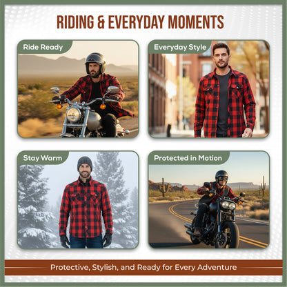MetaArmor IronRoute Ember Red Motorcycle flannel for men fully lined with Aramid fabric–CE certified Armor–Class AA Motorcycle Riding Shirt for men