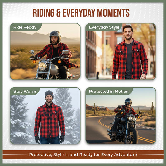 MetaArmor IronRoute Ember Red Motorcycle flannel for men fully lined with Aramid fabric–CE certified Armor–Class AA Motorcycle Riding Shirt for men