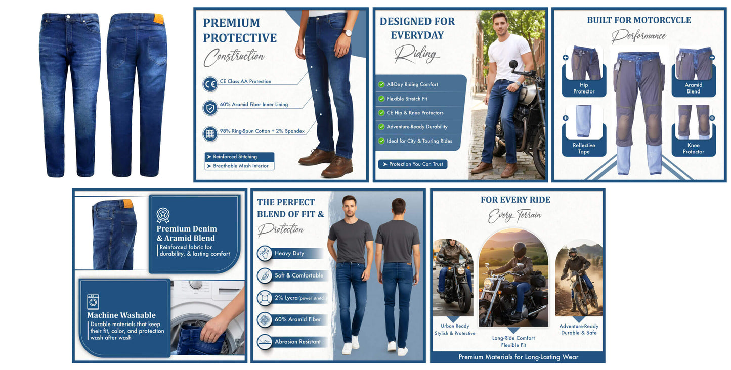 MetaArmor Motorcycle Jeans for men CE Class A Lined with Aramid Fiber – Dual Sport Motorcycle Pants with CE Hip and Knee Protectors – Armored Motorcycle Riding Pants