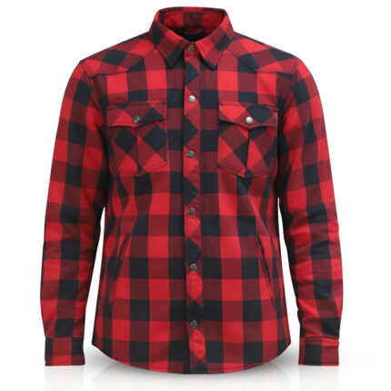 MetaArmor IronRoute Ember Red Motorcycle flannel for men fully lined with Aramid fabric–CE certified Armor–Class AA Motorcycle Riding Shirt for men